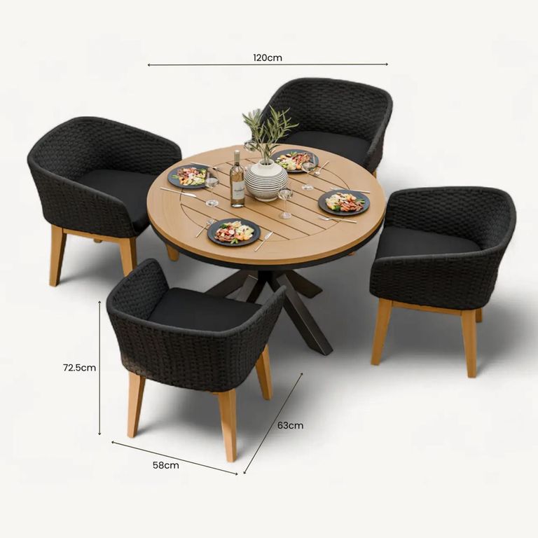 Tuscany Garden Dining Set - 4 Seater - 120cm - Round - Teak Wood - 4 Eden Night Chairs