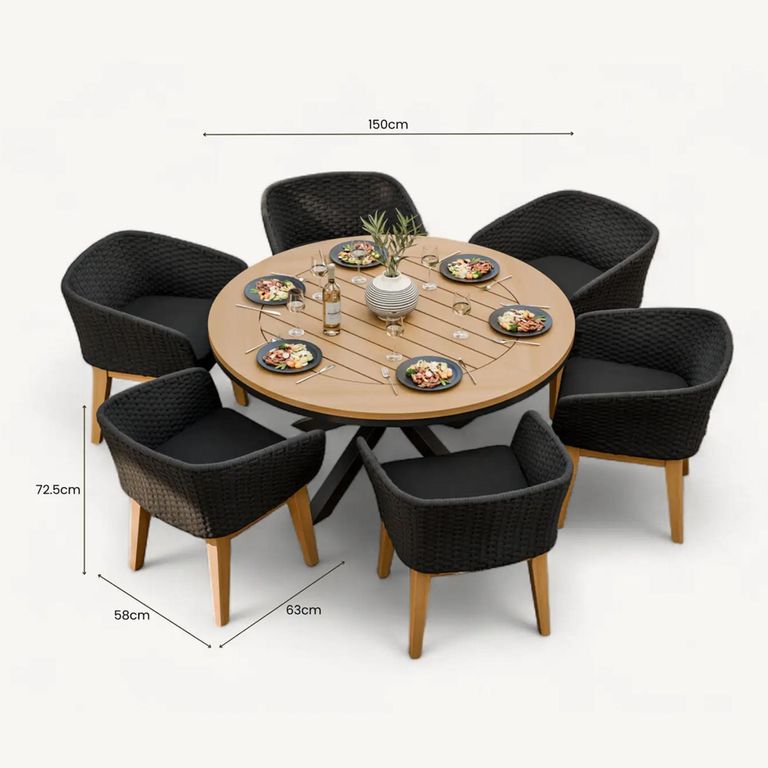 Tuscany Garden Dining Set - 6 Seater - 150cm - Round - Teak Wood - 6 Eden Night Chairs
