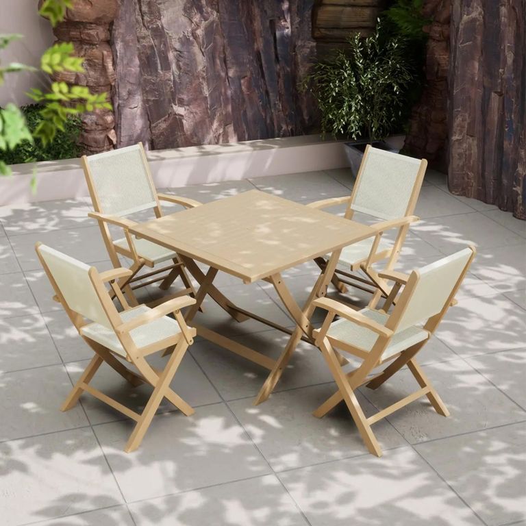 London Garden Dining Set - 4 Seater - 90cm - Square - Folding - Acacia Wood - 4 Rope Folding Armchairs