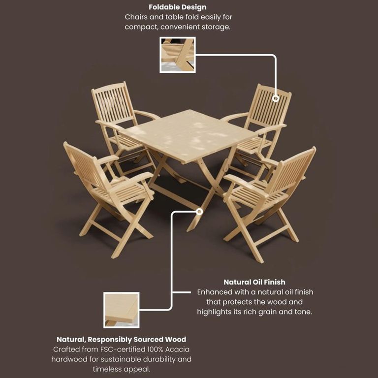 London Garden Dining Set - 4 Seater - 90cm - Square - Folding - Acacia Wood - 4 Folding Armchairs