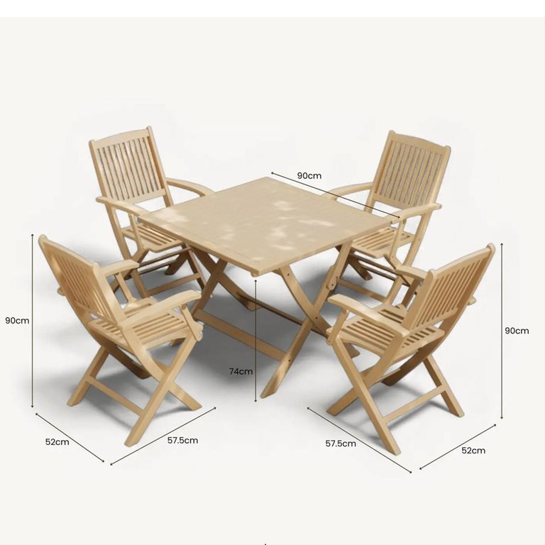 London Garden Dining Set - 4 Seater - 90cm - Square - Folding - Acacia Wood - 4 Folding Armchairs