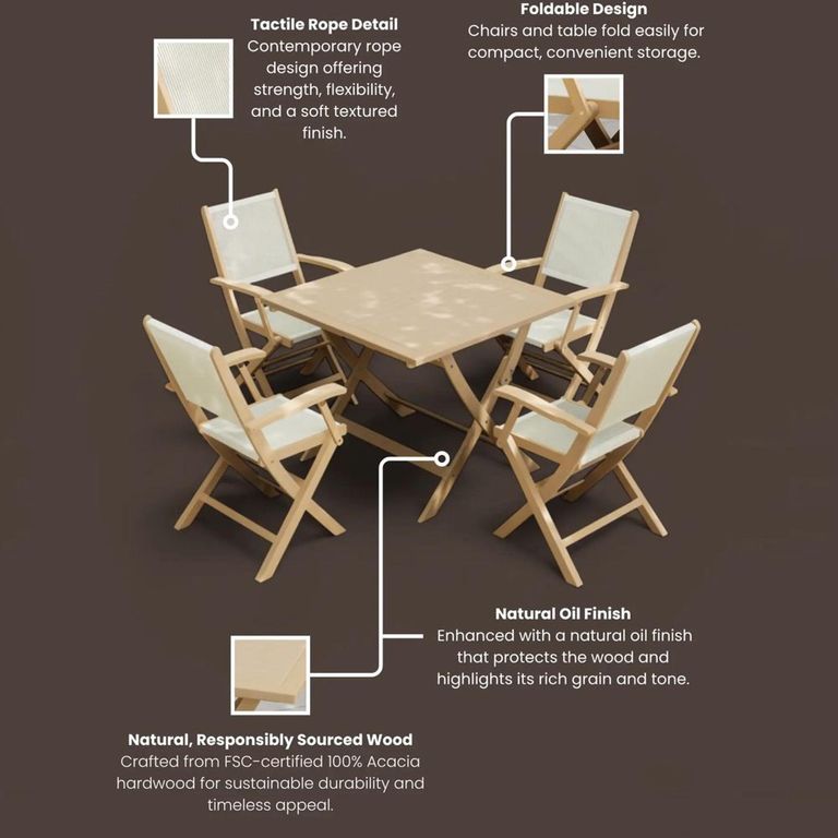 London Garden Dining Set - 4 Seater - 90cm - Square - Folding - Acacia Wood - 4 Rope Folding Armchairs