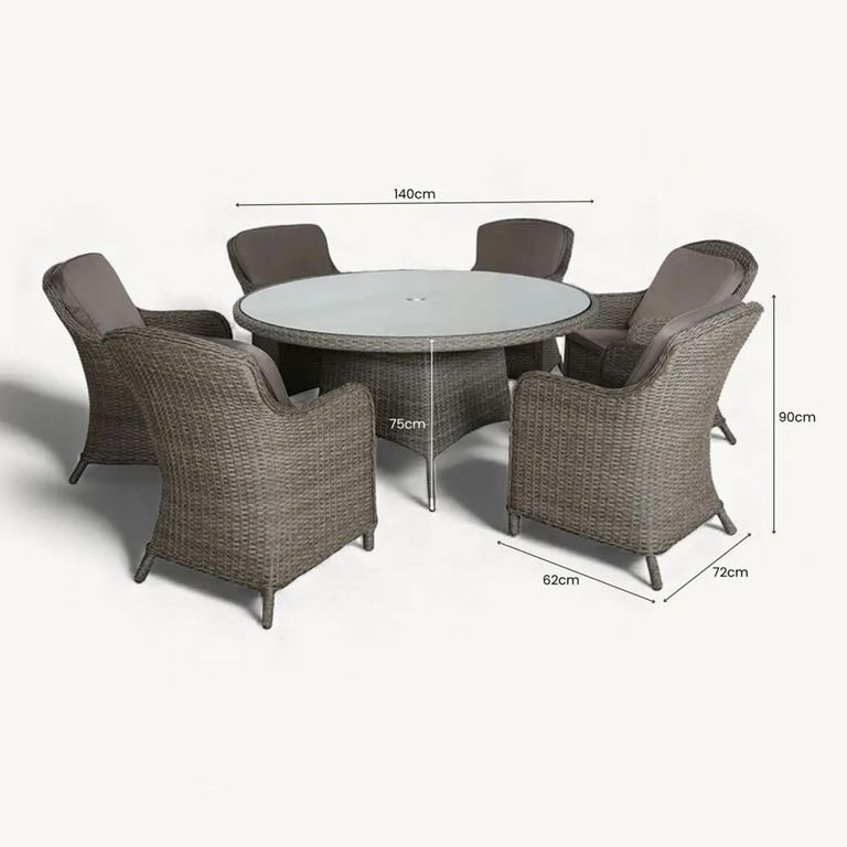 Paris Garden Dining Set - 6 Seater - 140cm - Round - Grey - Rattan - 6 Imperial Chairs