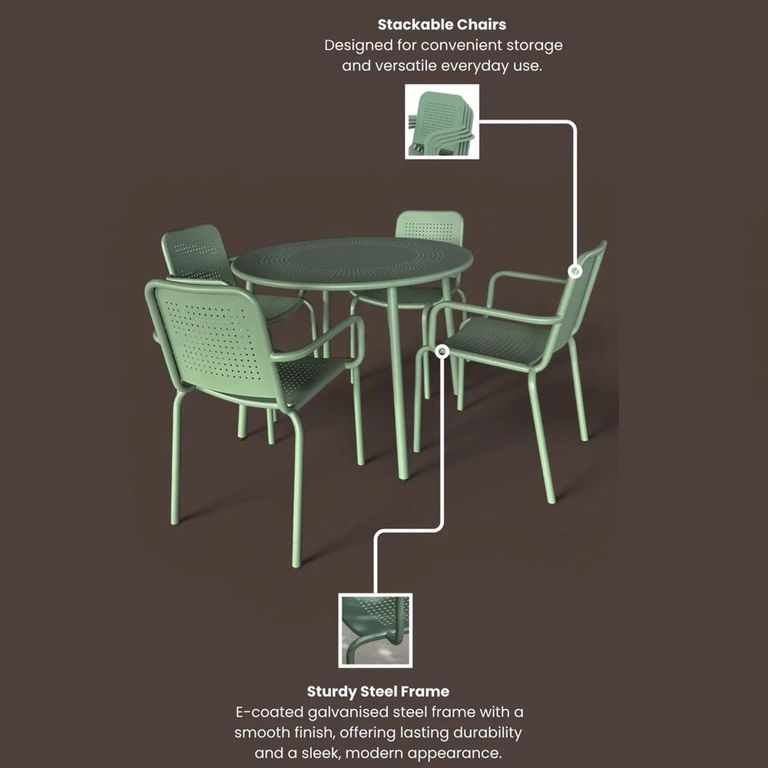 Porto Dining Set - 4 Seater - 100cm - Round - 4 Stacking Chairs - Olive Green Metal