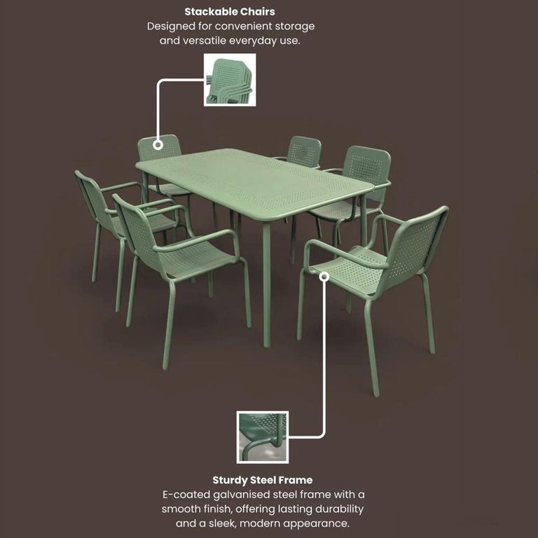Porto Dining Set - 6 Seater - 160cm - 6 Stacking Chairs - Olive Green Metal