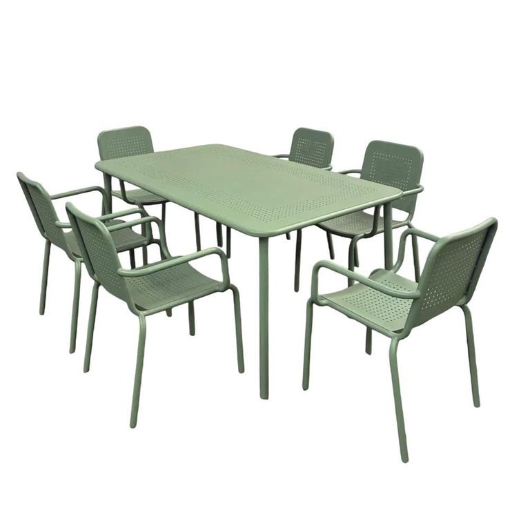Porto Dining Set - 6 Seater - 160cm - 6 Stacking Chairs - Olive Green Metal