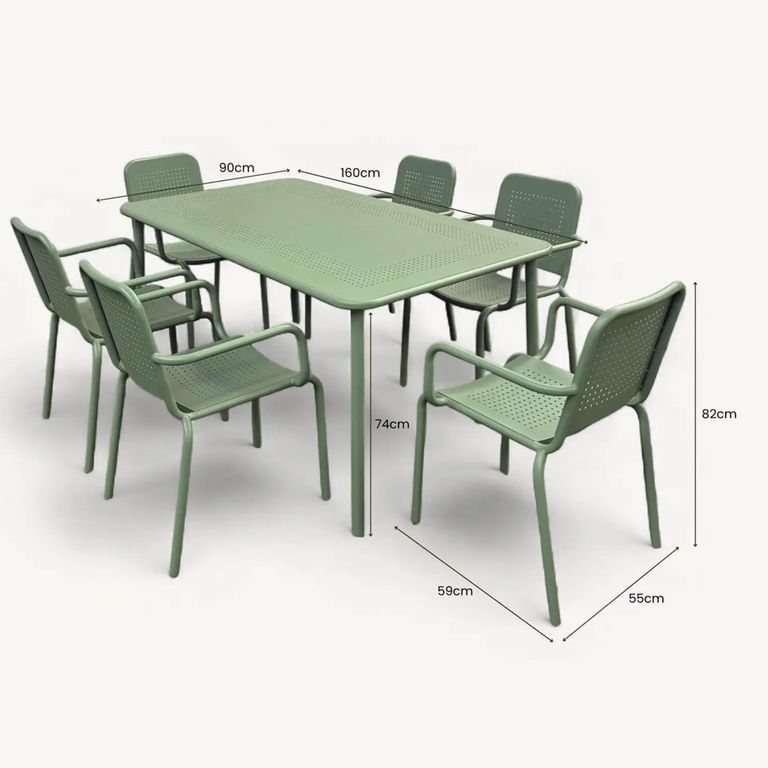 Porto Dining Set - 6 Seater - 160cm - 6 Stacking Chairs - Olive Green Metal