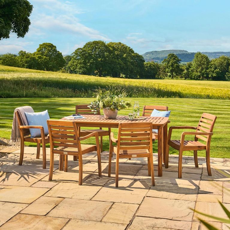 Cotswold Garden Dining Set - 6 Seater - 160cm - Acacia Wood - 6 Stacking Dining Armchair