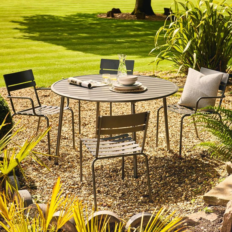 Oslo Garden Round Dining Set - 4 Seater - 120cm - Grey Metal - 4 Stacking Dining Chairs