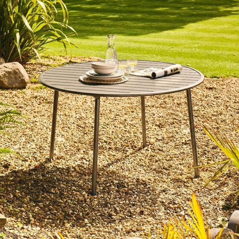 Oslo Garden Round Dining Set - 4 Seater - 120cm - Grey Metal - 4 Stacking Dining Chairs