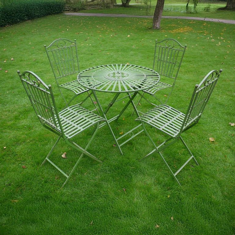Garden Table - Antique Green Metal - Round - with 4 Chairs