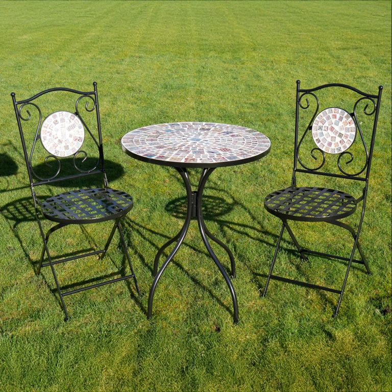 Garden Table - Mosaic - Black Metal - Round - with 2 Chairs