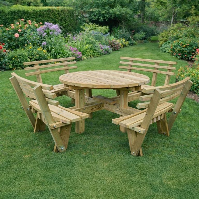 Westwood Garden Picnic Table - Round - 8 Seater with Backrest - Timber Wood