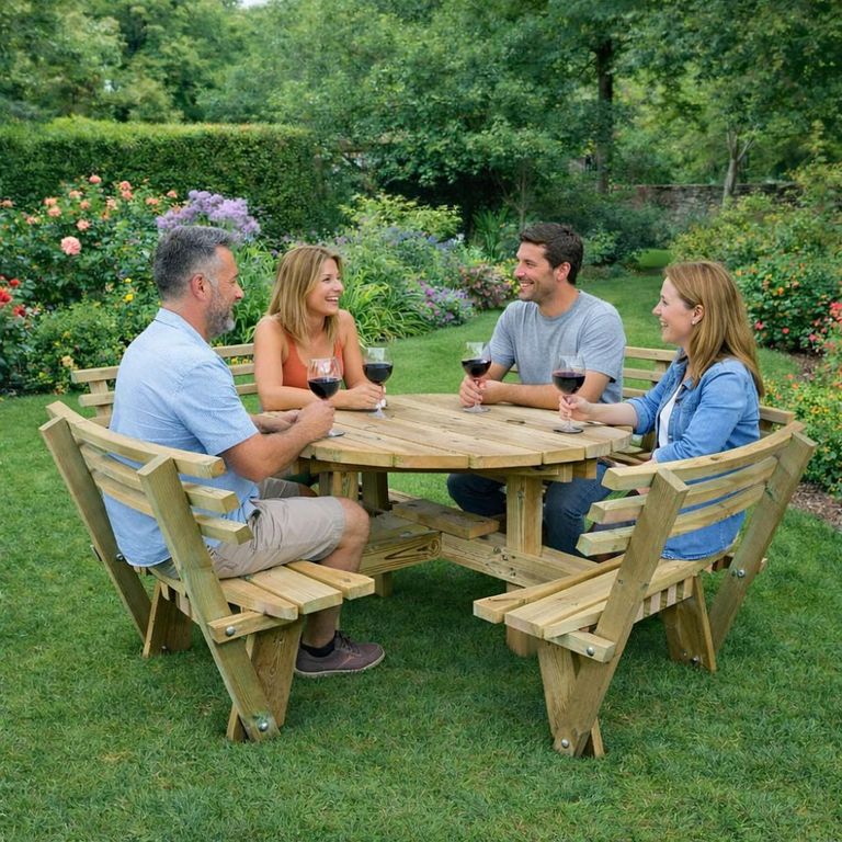 Westwood Garden Picnic Table - Round - 8 Seater with Backrest - Timber Wood