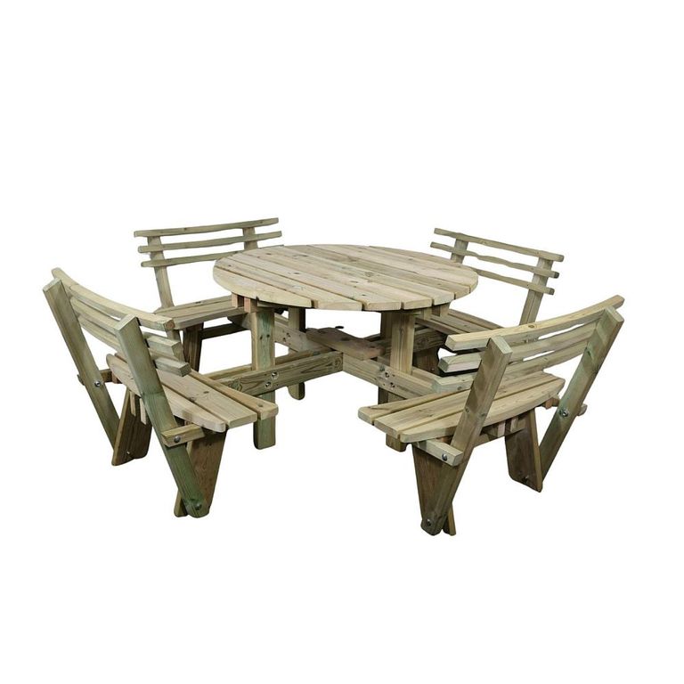 Westwood Garden Picnic Table - Round - 8 Seater with Backrest - Timber Wood