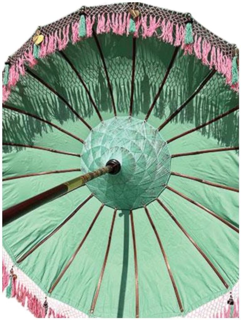 Bali Sun Parasol - Mint Green with Pink Candy Fringe