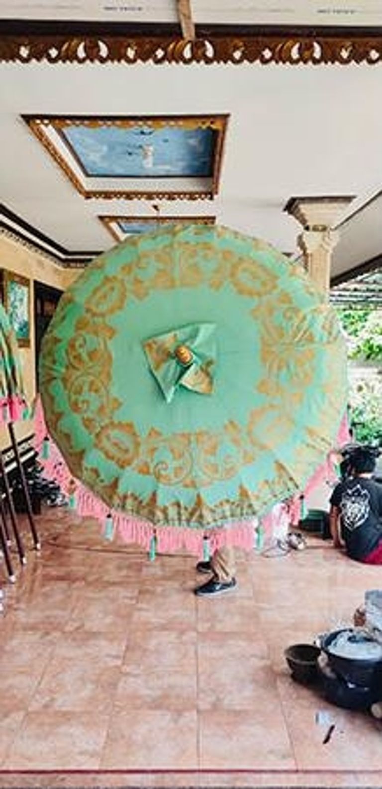 Bali Sun Parasol - Mint Green with Pink Candy Fringe