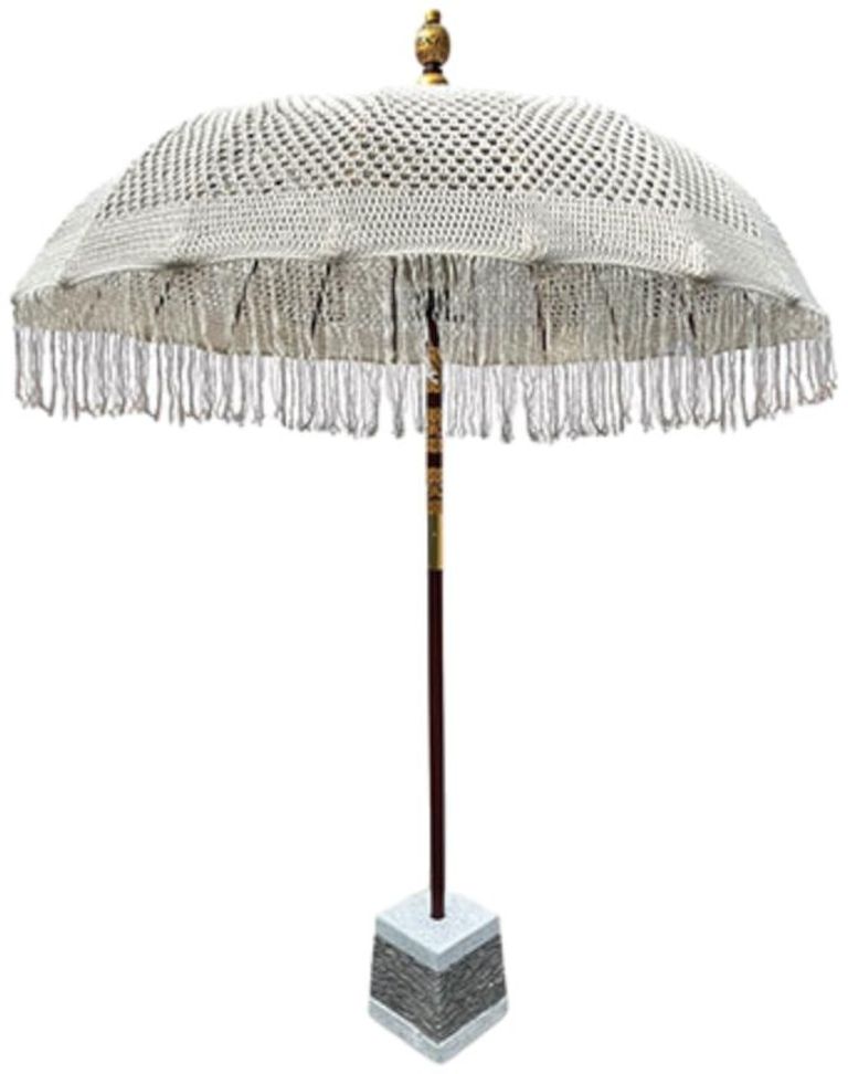 Bali Sun Parasol - White Macrame - with Terrazzo & Slate Base