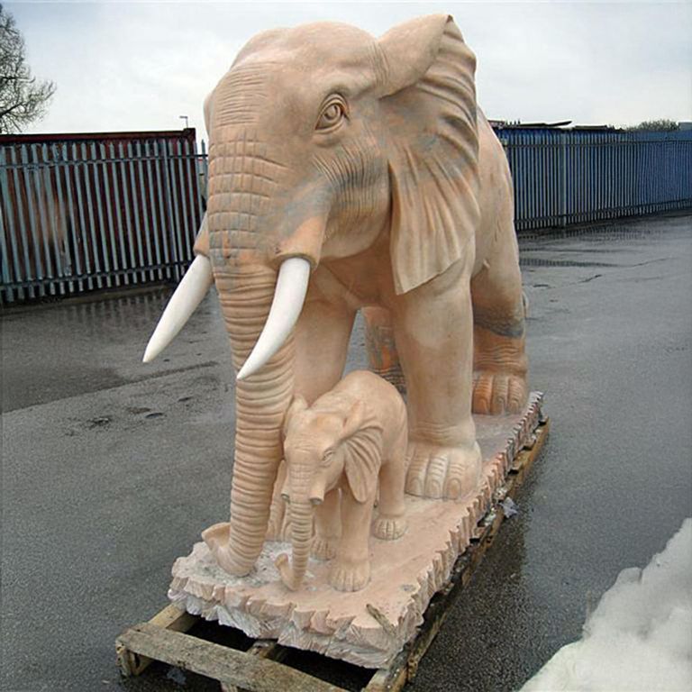 Beige Marble Elephant and Baby Elephant Statue
