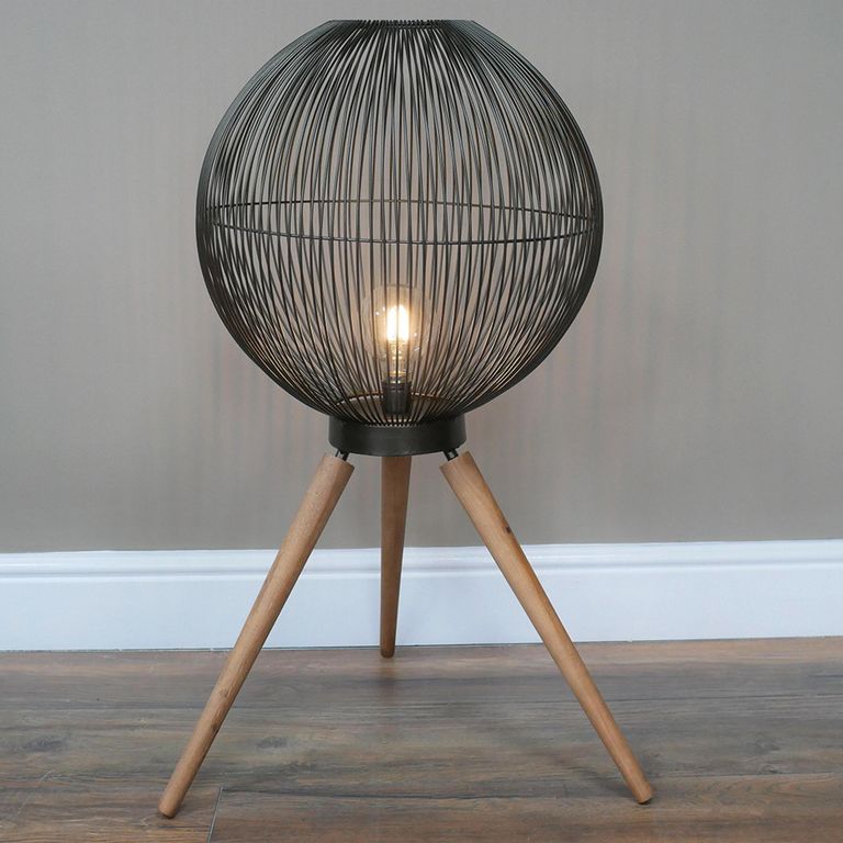 Black Cage Floor Lamp - with Wooden Legs