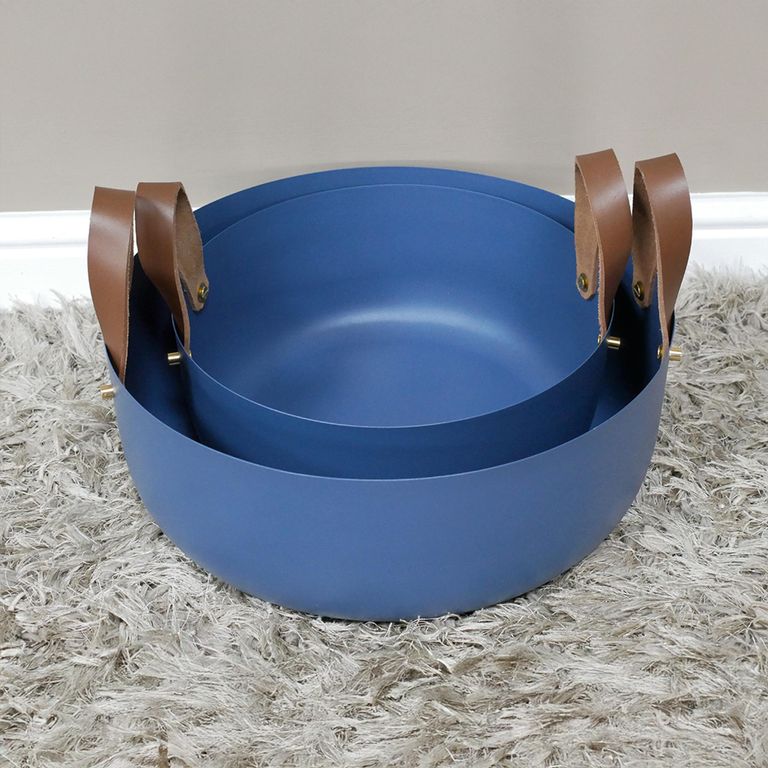 Bowls with Leather Handles - Set of 2 - Metal