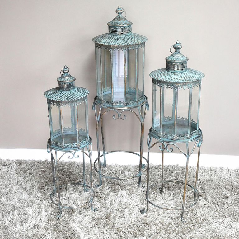 Blue Metal Lantern - Large - with Stand