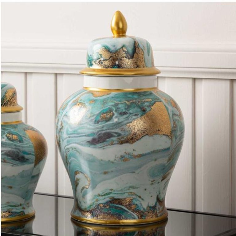 Ginger Jar - Blue White Gold - Large - Abstract