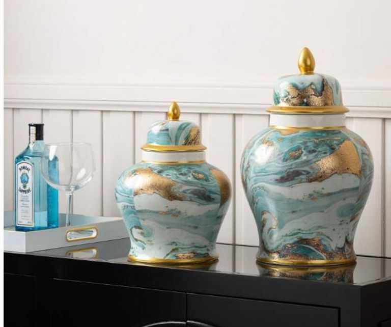 Ginger Jar - Blue White Gold - Large - Abstract