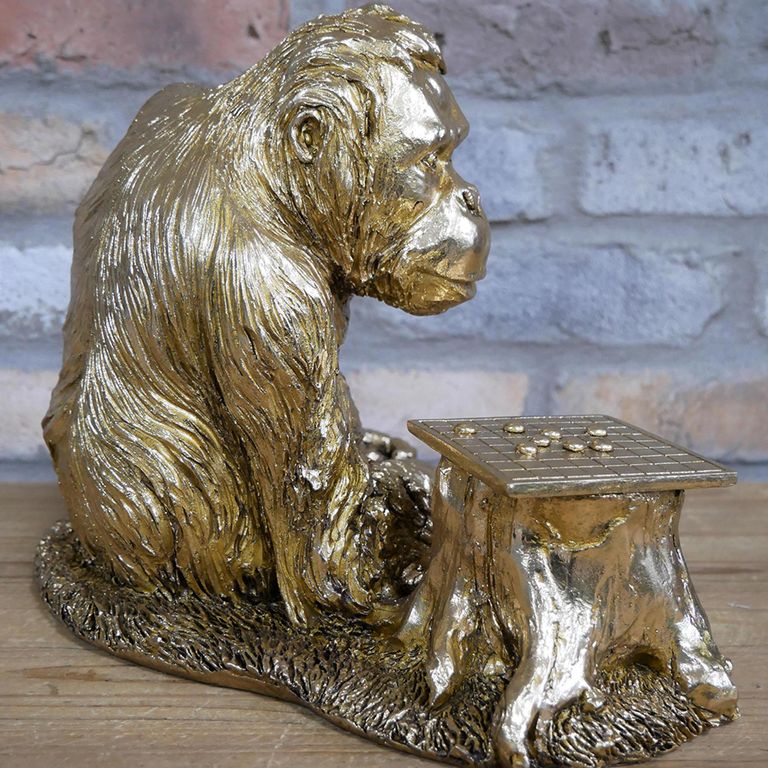 Gold Orangutan Playing Draughts - Set of 2 - Resin