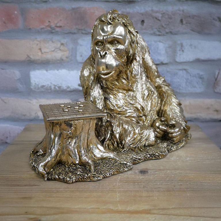 Gold Orangutan Playing Draughts - Set of 2 - Resin