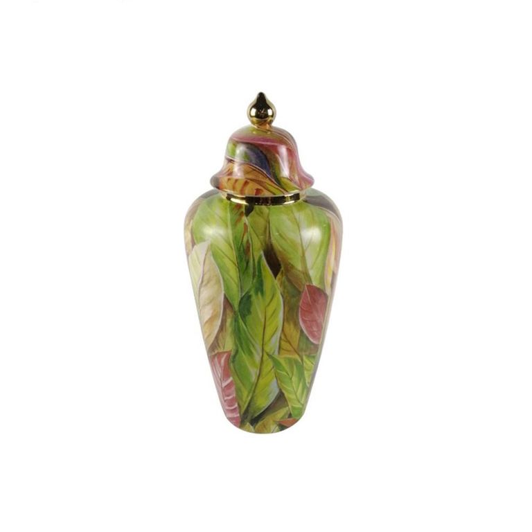 Ginger Jar - Green and Pink Leaves - Ceramic