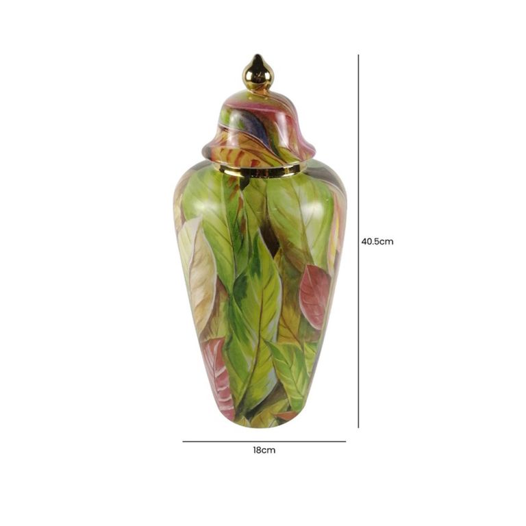 Ginger Jar - Green and Pink Leaves - Ceramic