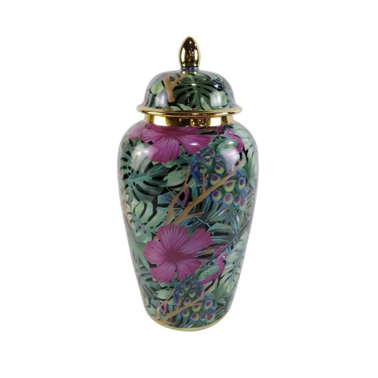 Ginger Jar - Green and Pink Palm Leaves - Ceramic