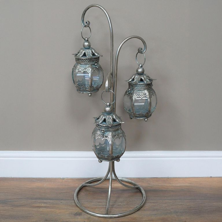 Grey Lanterns - 3 Hanging on Stand - Set of 2 - Metal