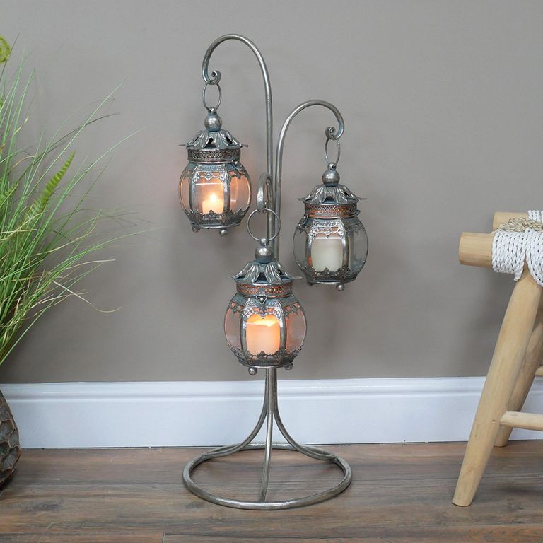 Grey Lanterns - 3 Hanging on Stand - Set of 2 - Metal