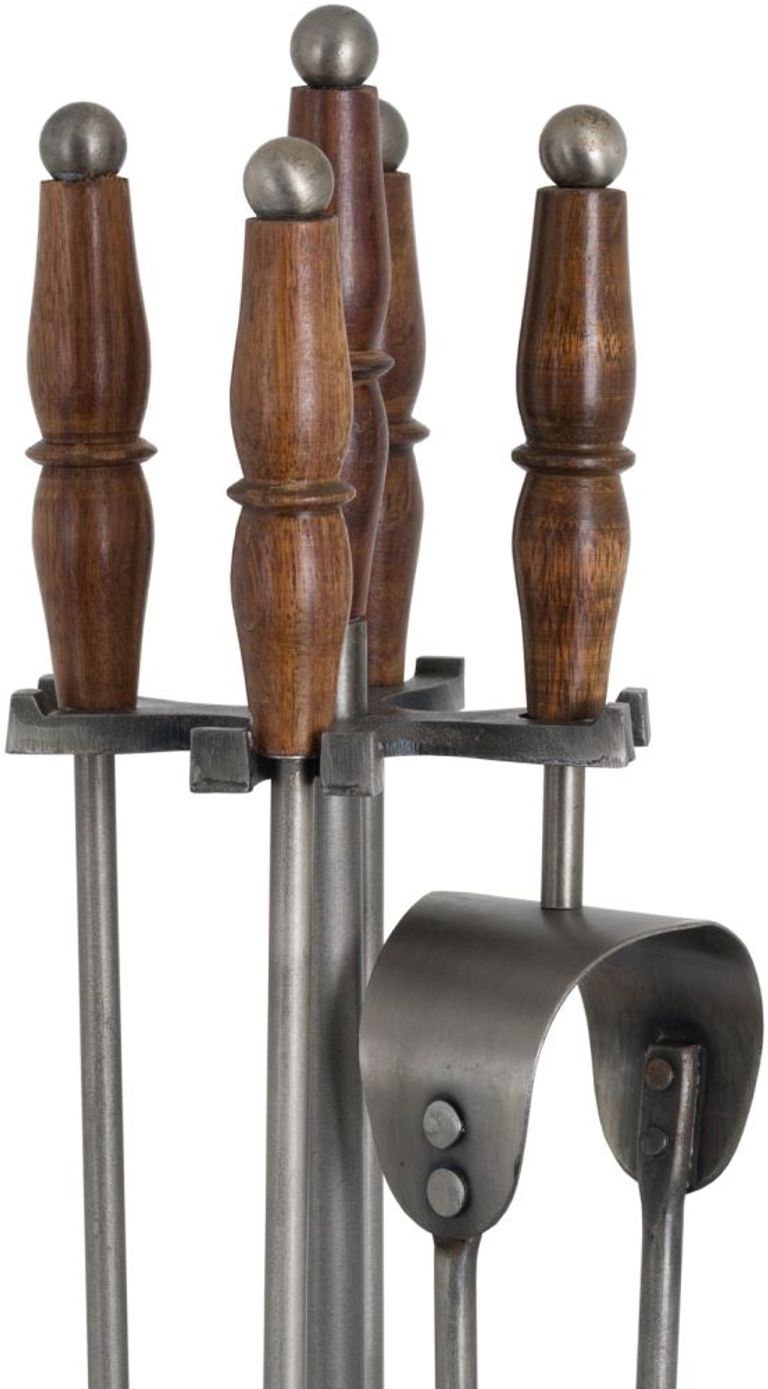 Hand Turned Fire Companion Set In Antique Pewter With Wooden Handles