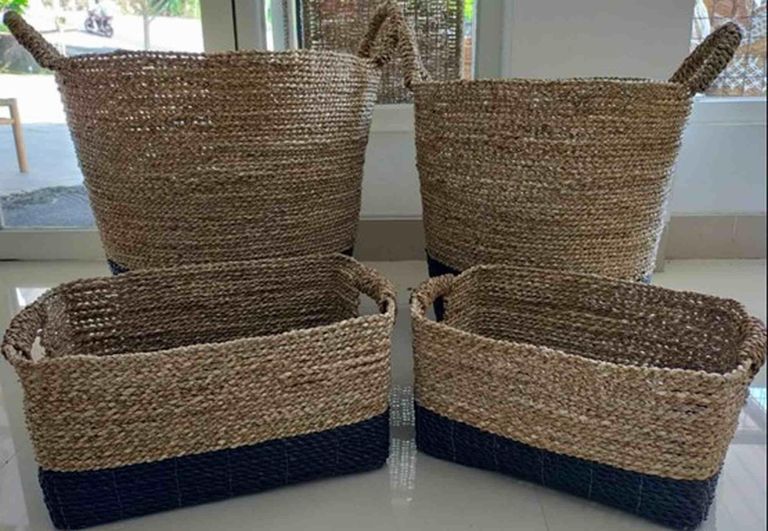Indonesian Set of 4 Tapered Seagrass Black Raffia Baskets