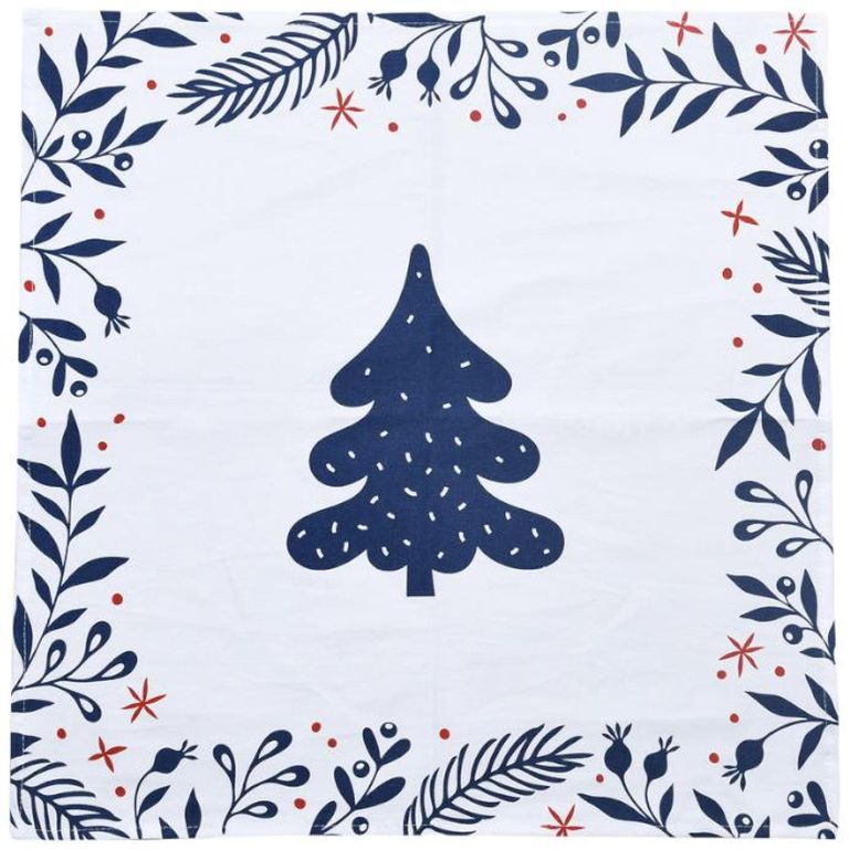 Festive 4 Napkins - White and Blue - Cotton - Set of 12