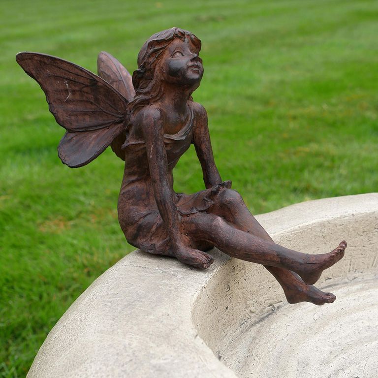 Bird Bath - Off White - with Fairies - Metal