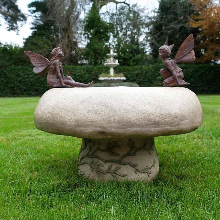 Bird Bath - Off White - with Fairies - Metal