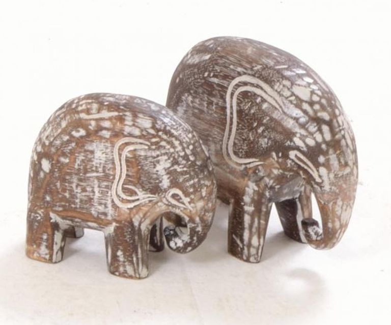 Set of 2 Carved Wooden Elephants
