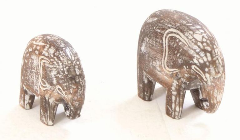 Set of 2 Carved Wooden Elephants