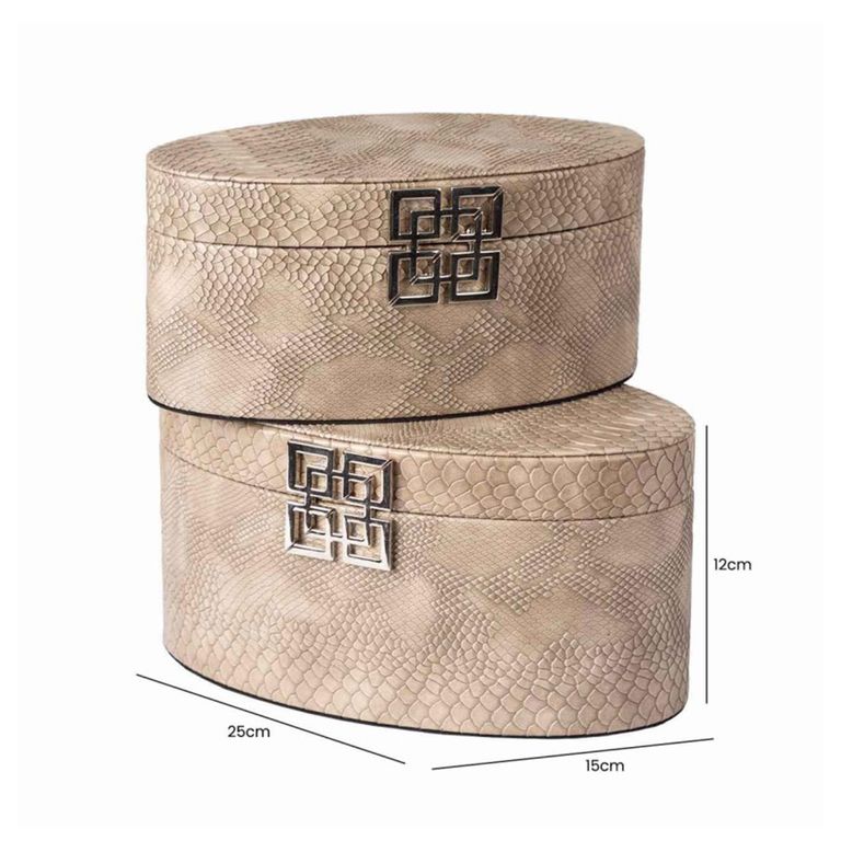 Jewellery Box - Taupe Snake Faux Leather - Oval - Set of 2