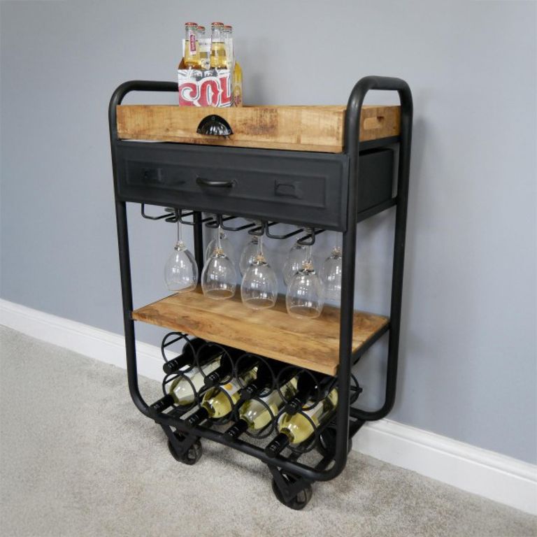 Wine Trolley - Black Metal - 1 Drawer