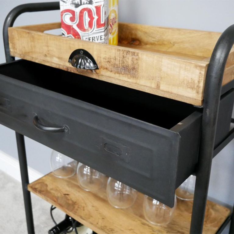 Wine Trolley - Black Metal - 1 Drawer