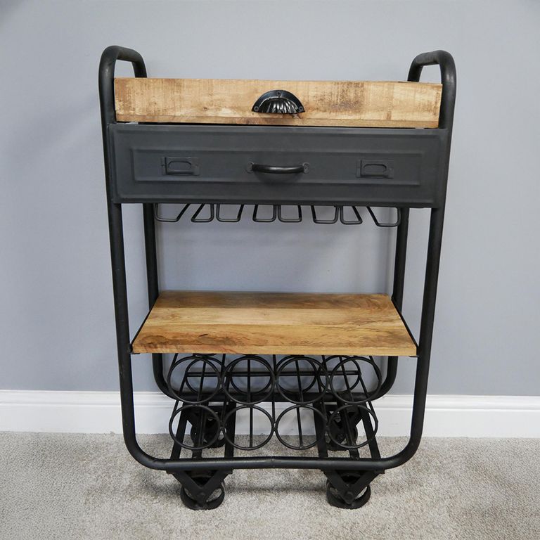 Wine Trolley - Black Metal - 1 Drawer