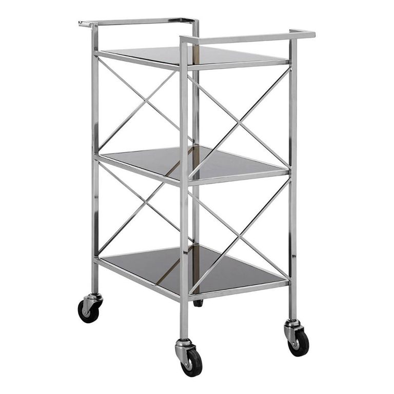 Hoffmann Bar Trolley - 3 Tier - Black Glass with Silver Metal