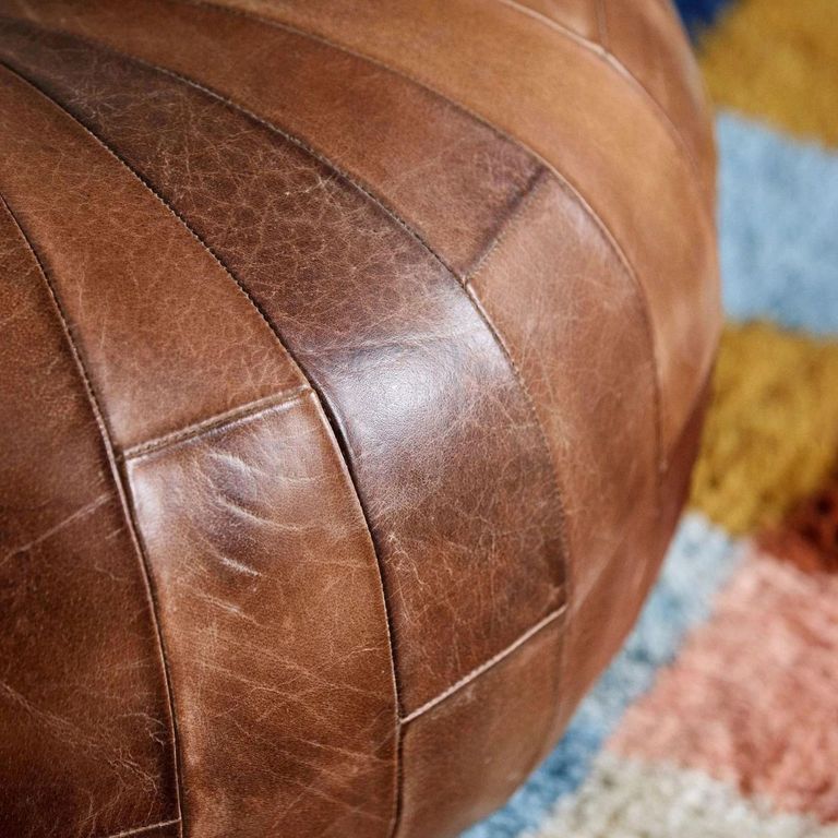 Rugby Antique Brown Leather Pouffe