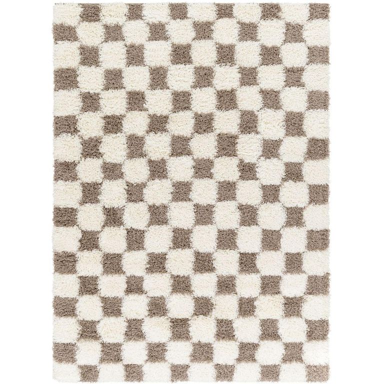 Urban Rug - Modern Shaggy - Cream and Brown Checkered - Sizes Available
