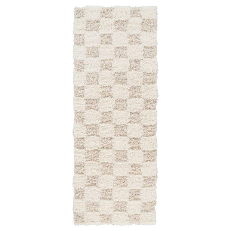 Urban Runner - Shaggy Modern Plush Pile - Beige Checkered - 80cm x 220cm
